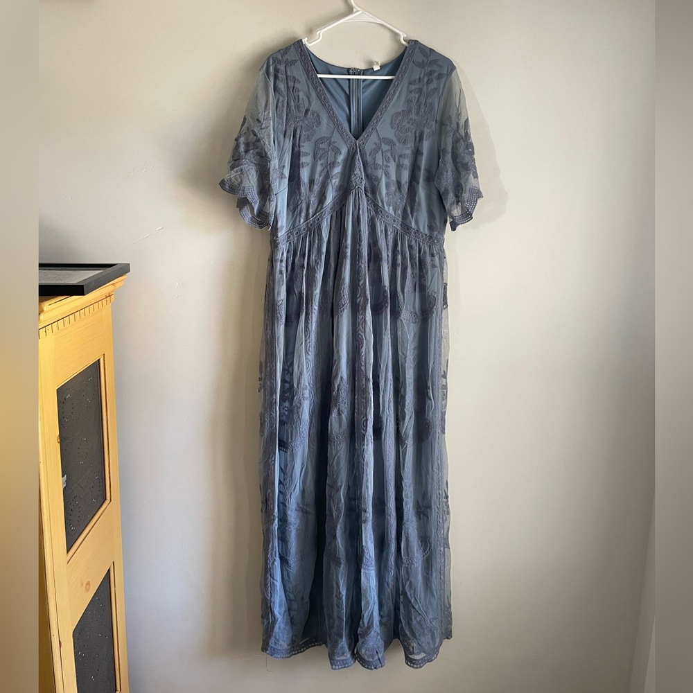 PinkBlush Blue Lace Mesh Overlay Plus Maternity Maxi Dress